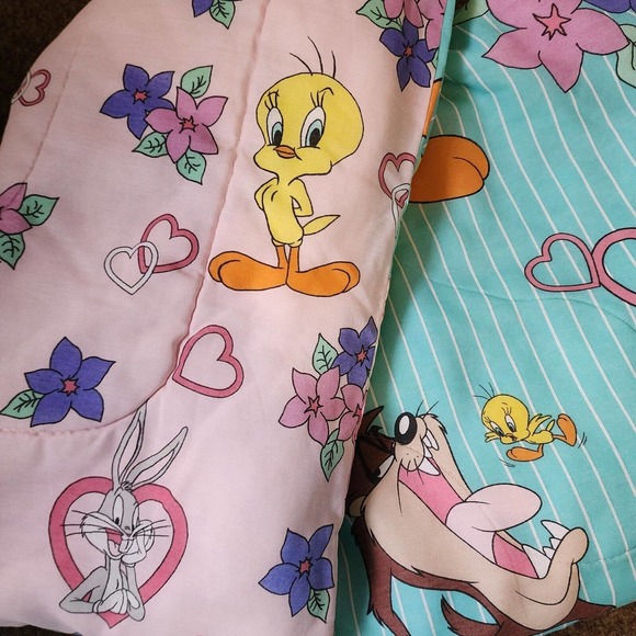 Looney Tunes Comforter Tweety Bird REVERSIBLE Vintage Blanket Teal Pink Hearts - Picture 4 of 10
